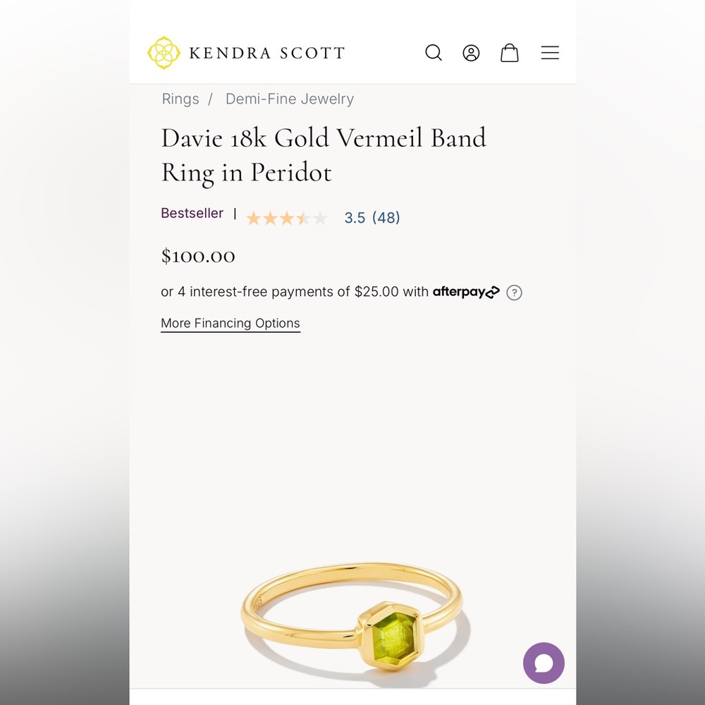 Kendra Scott Davie 18k Gold Vermeil Band Ring in Peridot
